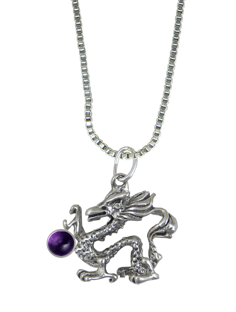 Sterling Silver Oriental Dragon Pendant With Amethyst